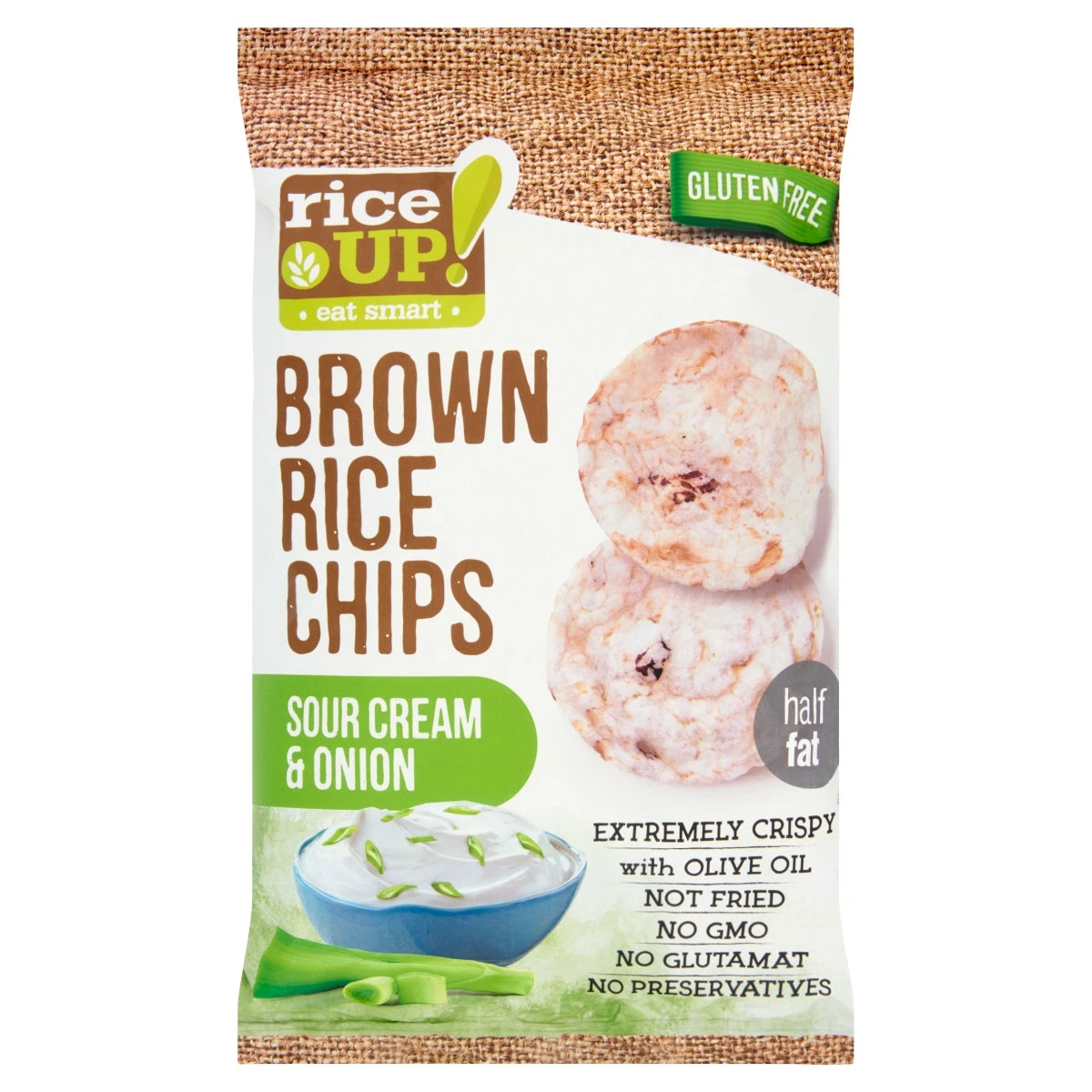 RiceUp! Eat Smart teljes kiőrlésű barna rizs chips hagymás tejfölös ízesítéssel 60 g