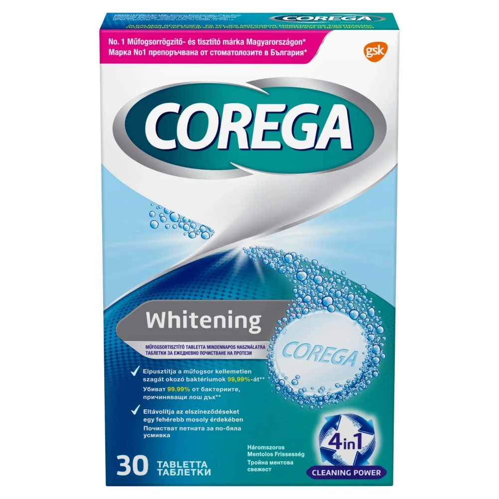 Corega Whitening antibakteriális hatású műfogsortisztító tabletta 30 db