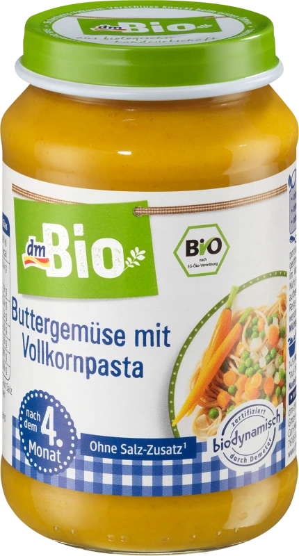 dmBio Bio zöldségpüré vajas zöldségekkel és teljes kiőrlésű tésztával 4 hónapos kortól, 190 g