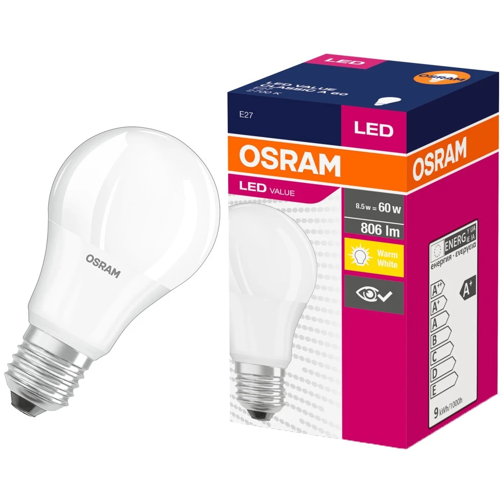 Osram VALUE LED izzó, normál körte formájú, nem szabályozható, E27, 60W, 2700K