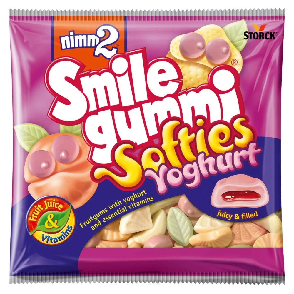 nimm2 Smilegummi Softies Yoghurt puha vegyes gyümölcs ízű joghurtos töltött gumicukorka 90 g