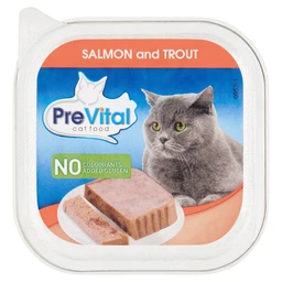  PreVital Alutálkás teljes értékű állateledel felnőtt macskák számára lazaccal és pisztránggal 100 g