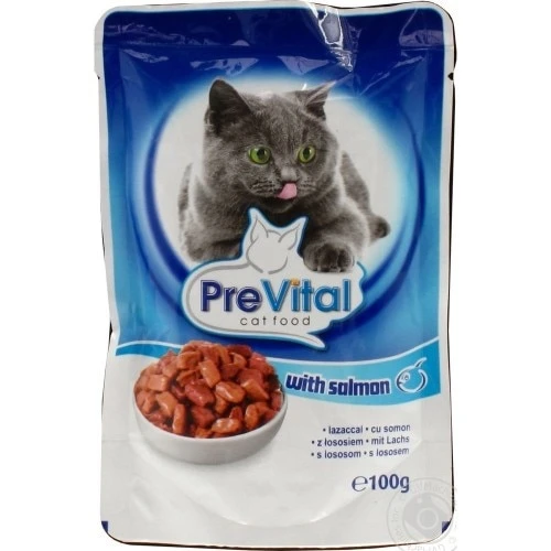 PreVital Alutasakos teljes értékű állateledel felnőtt macskák számára lazaccal szószos 100 g