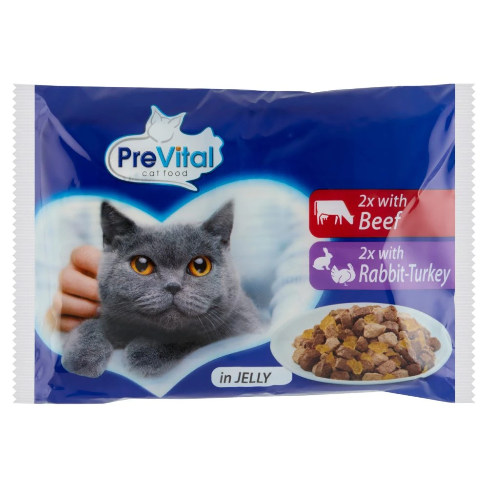 PreVital Alutasakos teljes értékű állateledel felnőtt macskák számára hússal zselében 4 x 100 g