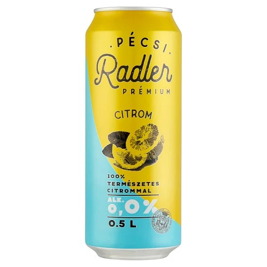 Pécsi Radler Prémium alkoholmentes világos sör és citrom ízű szénsavas üdítőital keverék 0,5 l