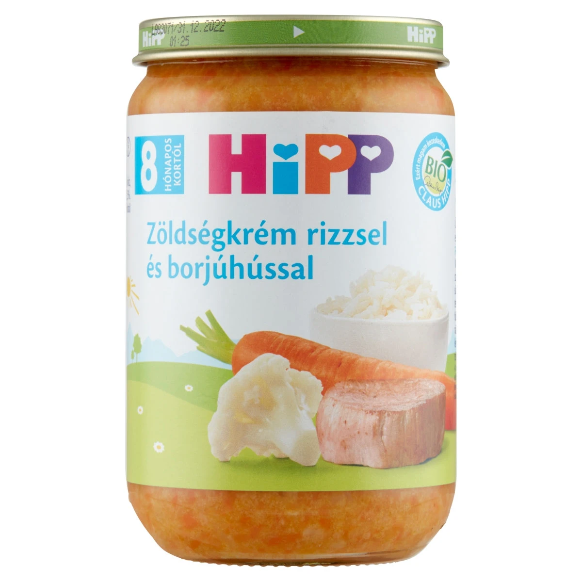HiPP BIO glutén és tejszármazékmentes zöldségkrém rizzsel és borjúhússal 8 hónapos kortól 220g