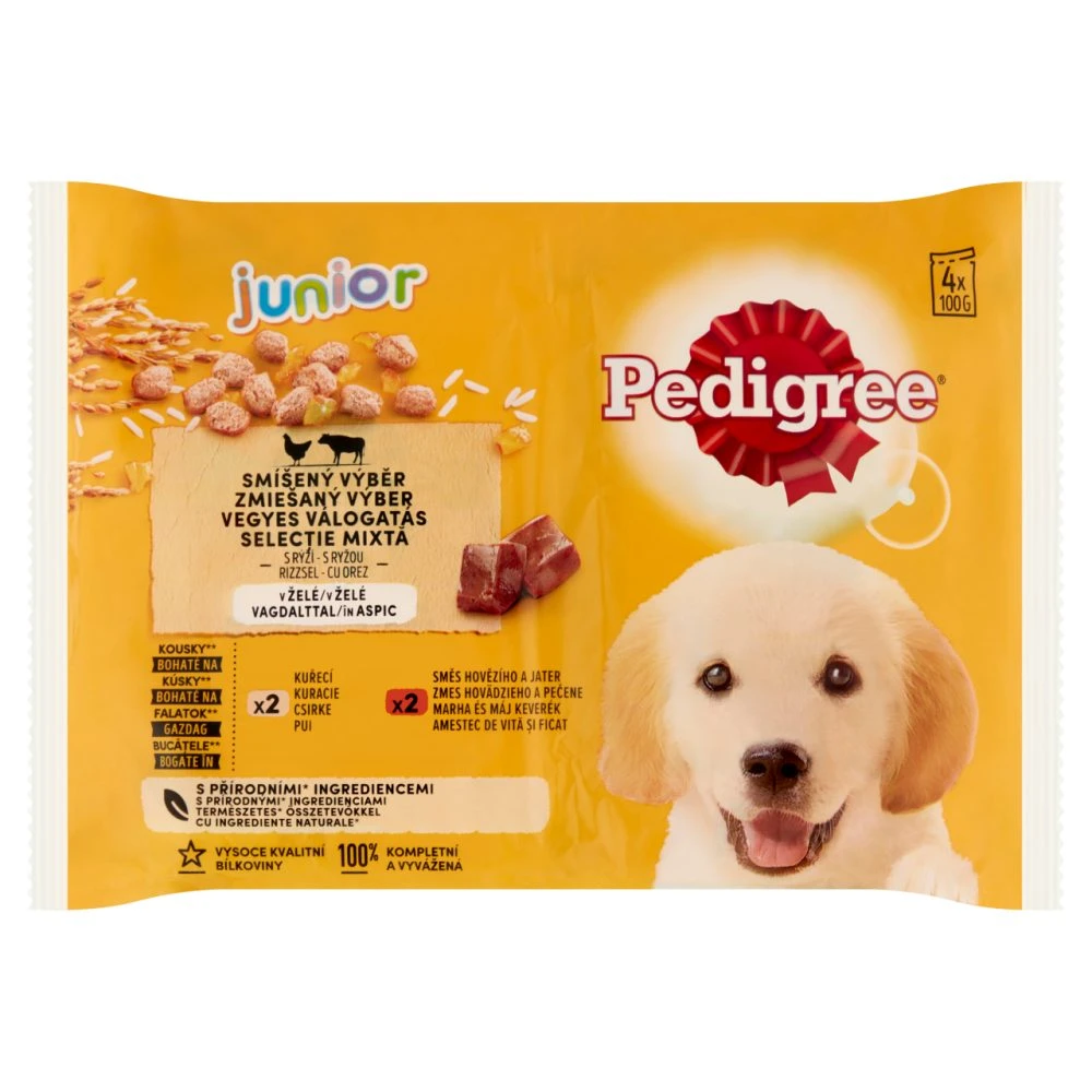 Pedigree Junior nedves állateledel kutyáknak csirke rizs és marha rizs aszpikban alutasak 4 x 100 g