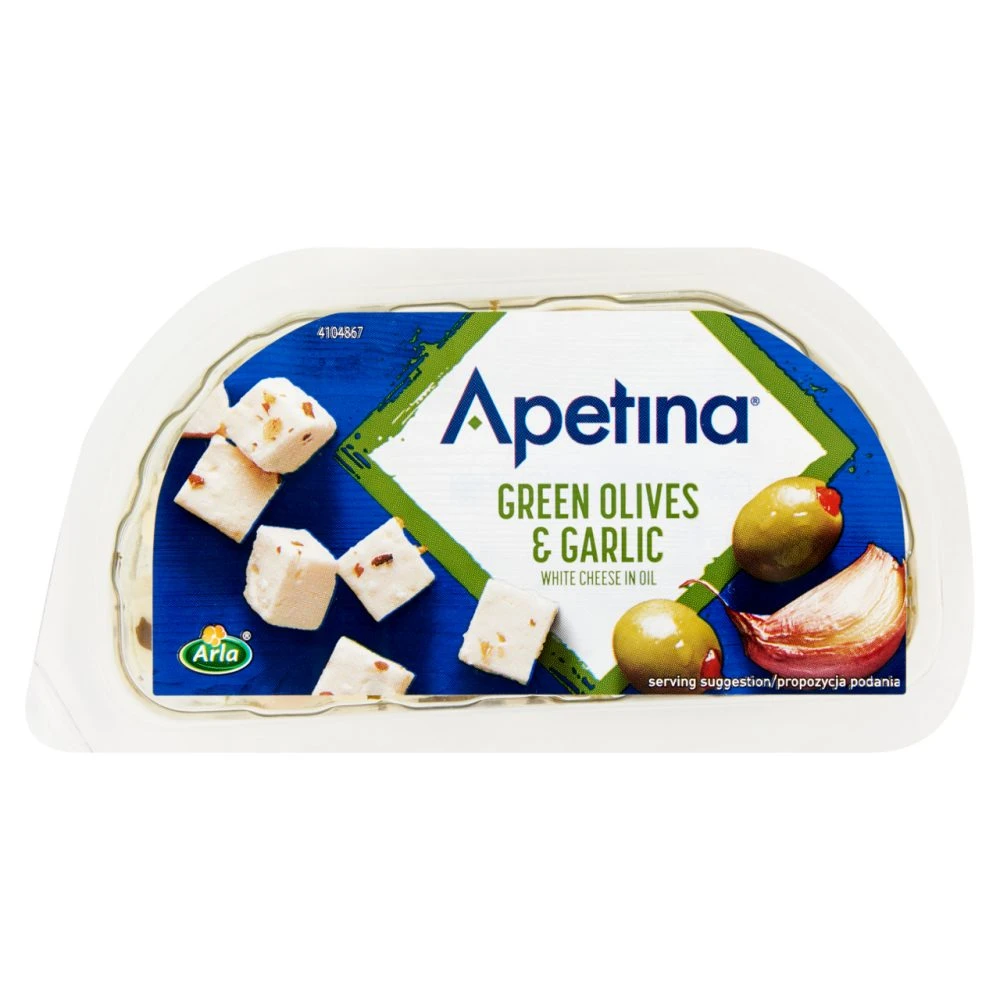 Arla Apetina sólében érlelt zsíros, lágy sajt növényi olajban olívabogyóval és fokhagymával 100 g