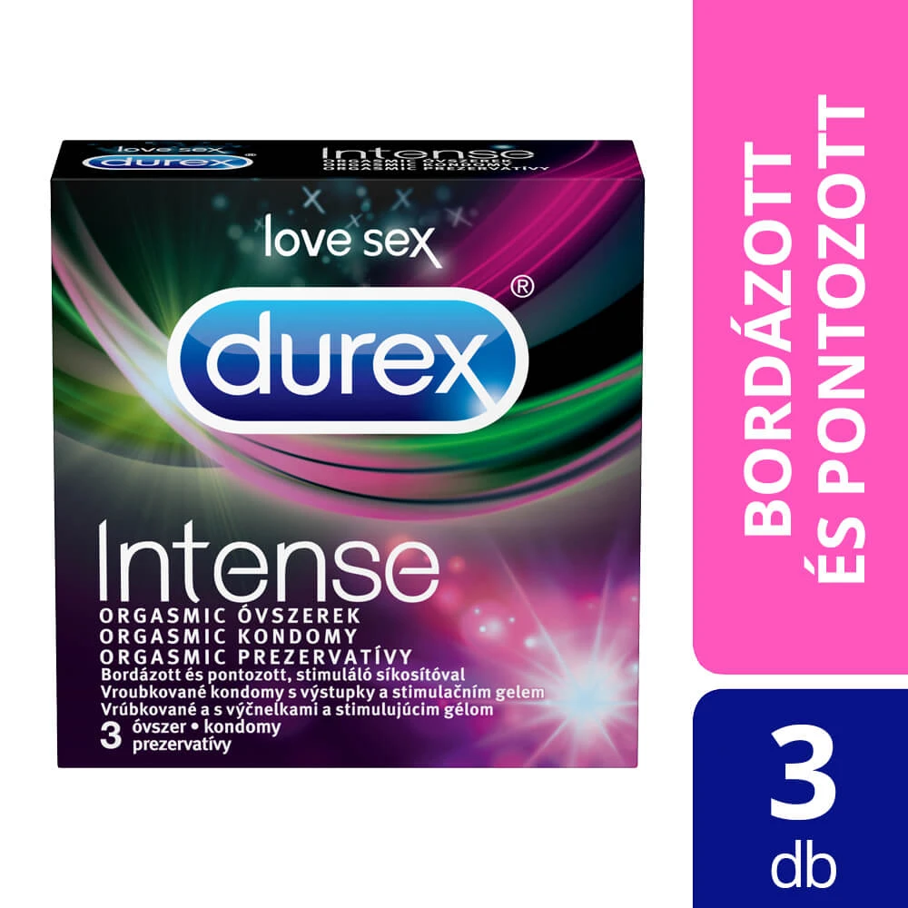 Durex Óvszer Intense Orgasmic bordázott és pontozott óvszer stimuláló síkosítóval, 3 db