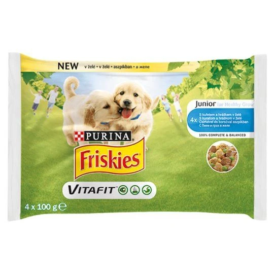 Friskies Vitafit Junior teljes értékű eledel kölyökkutyáknak csirkével borsóval aszpikban 4 x 100 g