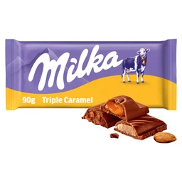 Milka Milka Triple á la Caramel alpesi tejcsokoládé tejes krémmel, töltelékkel és mandula darabokkal 90 g