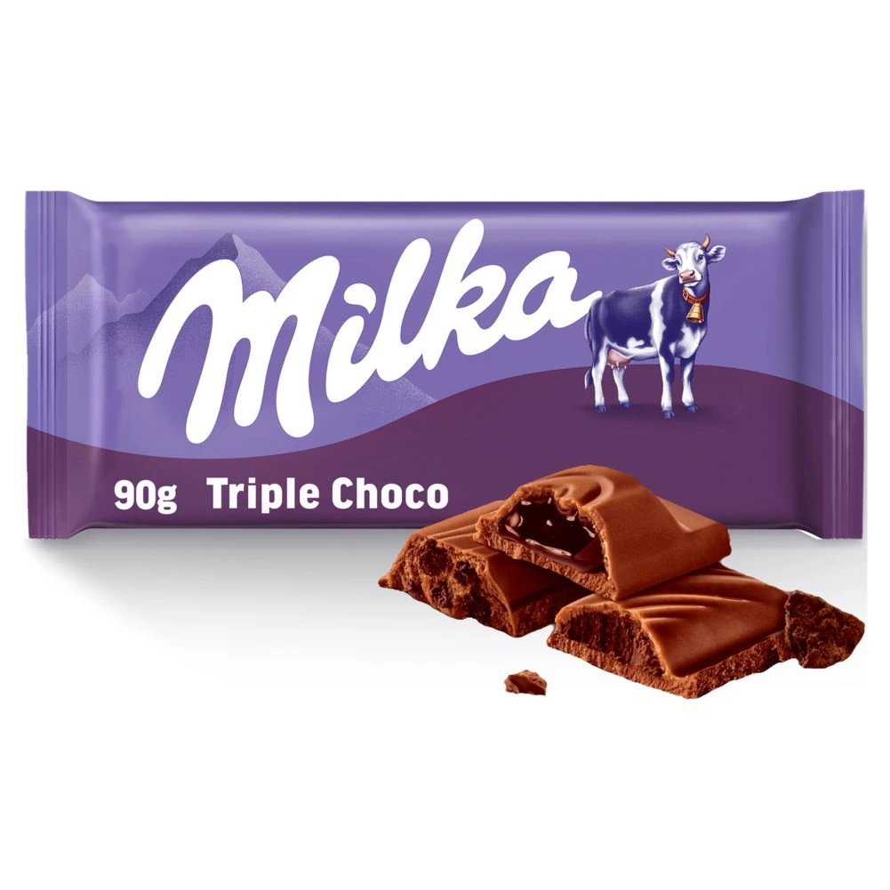 Milka Triple alpesi tejcsokoládé kakaós krémmel, kakaós töltelékkel és kakaós keksz darabokkal 90 g