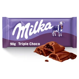 Milka Milka Triple alpesi tejcsokoládé kakaós krémmel, kakaós töltelékkel és kakaós keksz darabokkal 90 g
