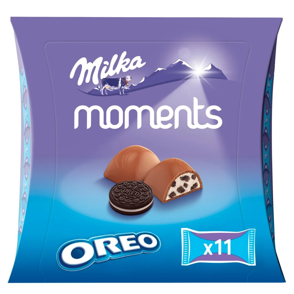 Milka Moments Oreo alpesi tejcsokoládé tejes krémtöltelékkel és kakaós kekszdarabokkal 92 g