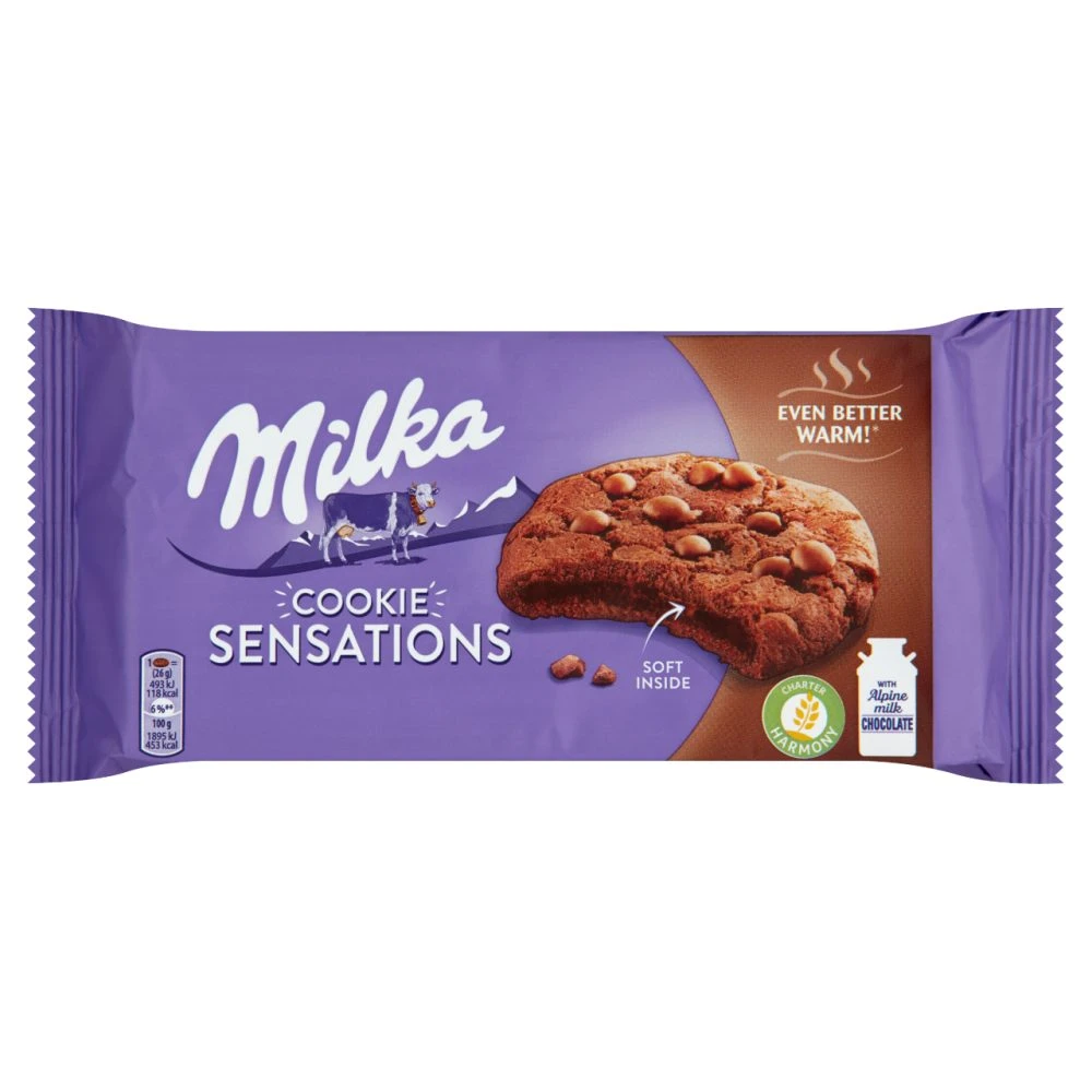 Milka Sensations középen puha kakaós keksz alpesi tejcsokoládé darabkákkal 156 g