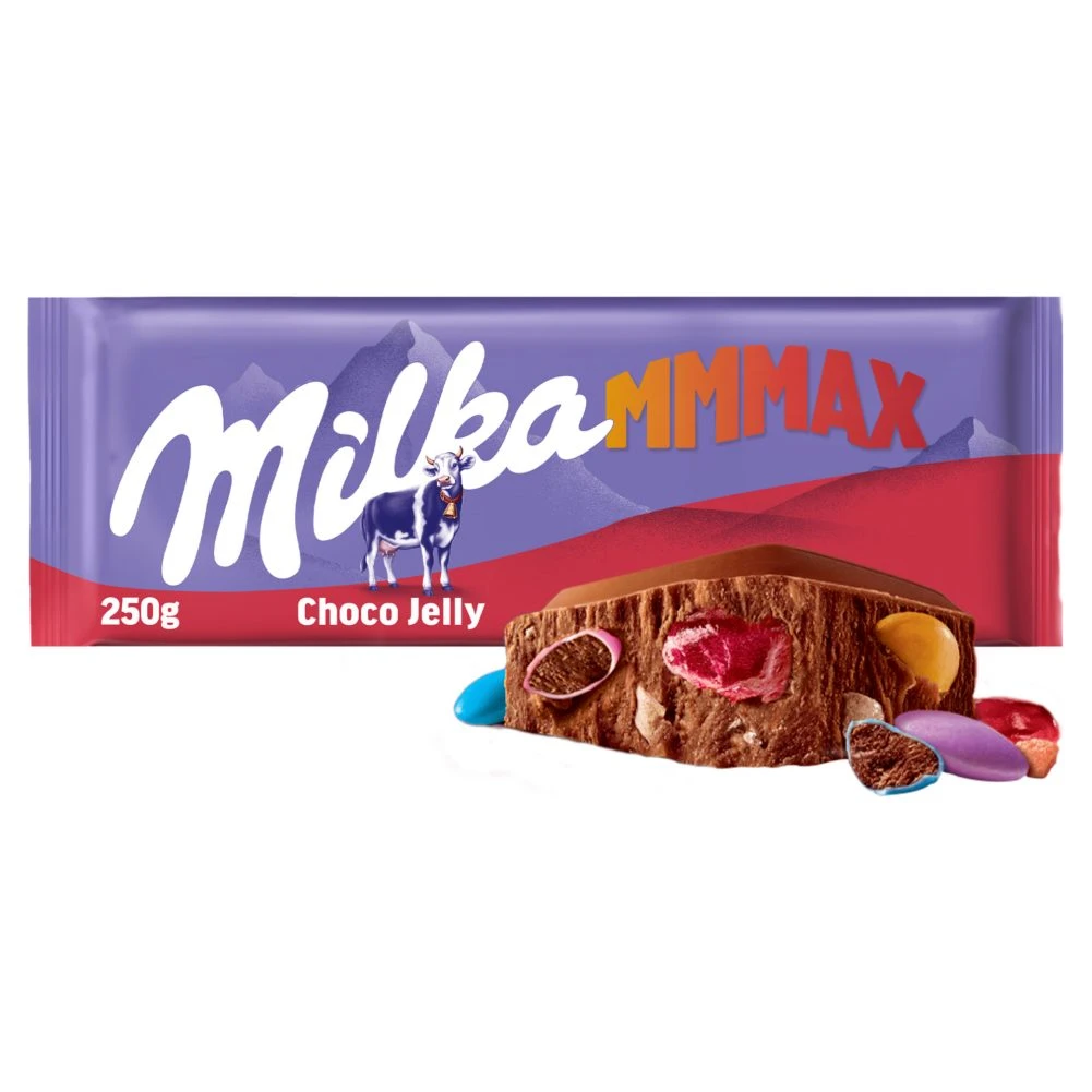 Milka Choco Jelly tejcsokoládé meggyízű zselédarabkákkal, cukordrazséval és robbanócukorkával 250 g