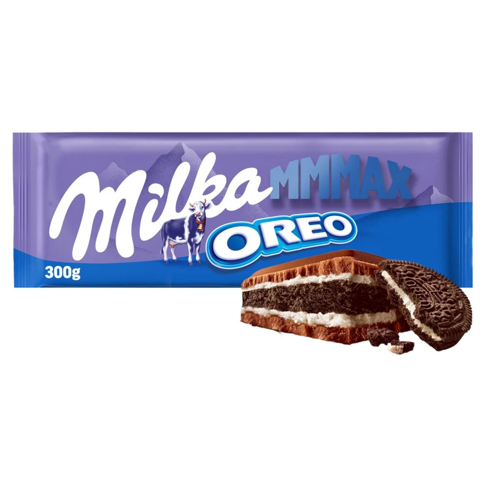 Milka Oreo alpesi tejcsokoládé, vanília ízű, tejszínes krémmel és kakaós keksszel 300 g