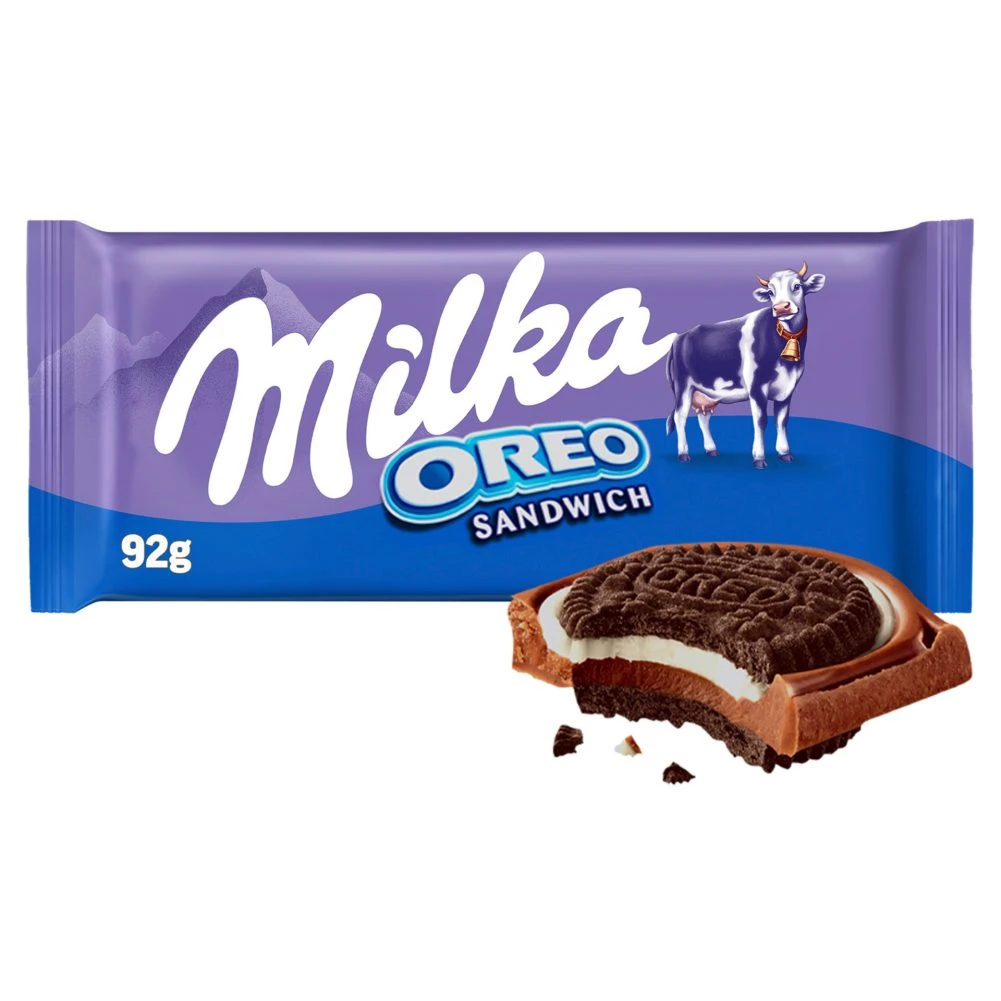 Milka & Oreo Sandwich kakaós kekszek vaníliaízű, tejes krémtöltelékkel alpesi tejcsokoládén 92 g