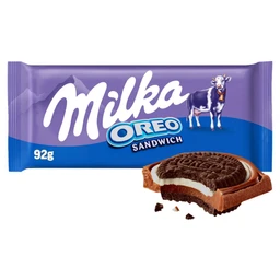 Milka Milka & Oreo Sandwich kakaós kekszek vaníliaízű, tejes krémtöltelékkel alpesi tejcsokoládén 92 g
