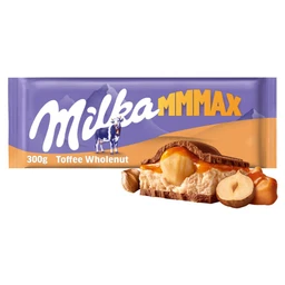 Milka Milka Mmmax alpesi tejcsokoládé karamell ízű tejes és karamellás töltelékkel, egész mogyoróval 300 g