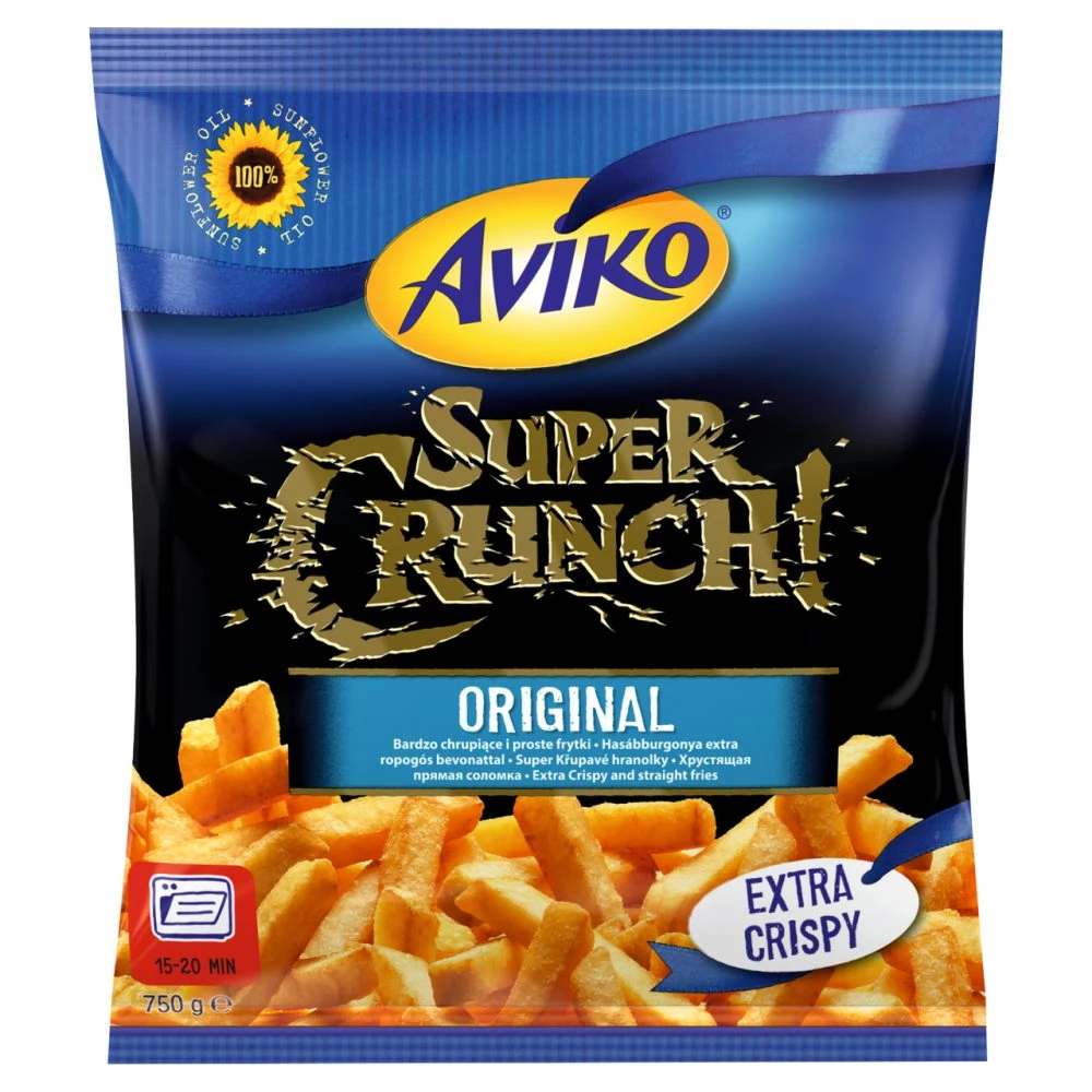 Aviko Super Crunch! elősütött, gyorsfagyasztott hasábburgonya sütőbe extra ropogós bevonattal 750 g