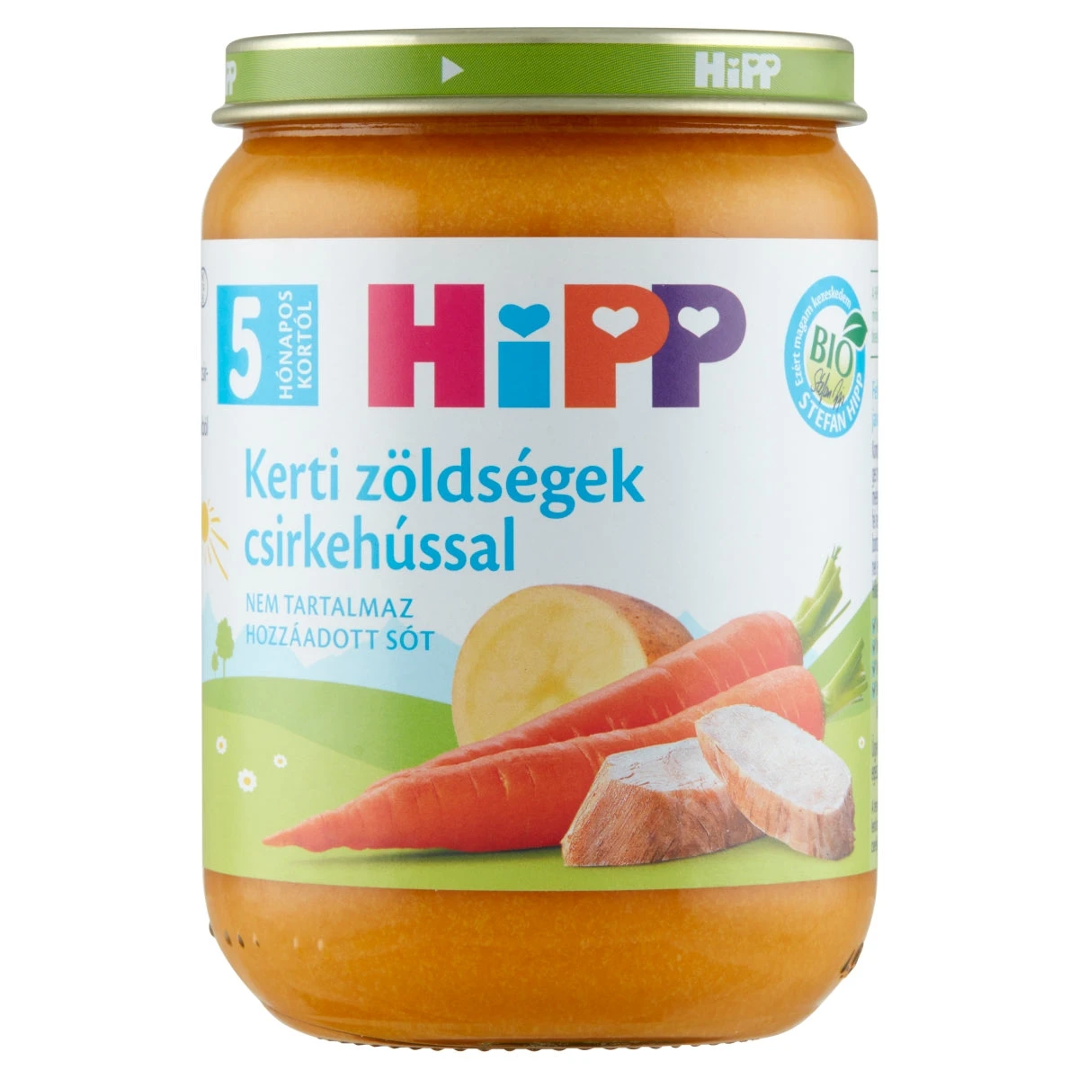 HiPP BIO glutén és tejszármazék mentes kerti zöldségek csirkehússal bébiétel 5 hónapos kortól 190g