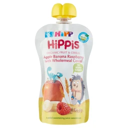 Hipp HiPP HiPPiS BIO alma-banán-málna gyümölcspép teljes kiőrlésű gabonával 6 hónapos kortól 100 g